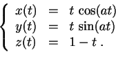 \begin{displaymath}
\left\{
\begin{array}{lcl}
x(t)&=& t\,\cos(a t)\\
y(t)&=& t\,\sin(a t)\\
z(t)&=& 1-t\;.
\end{array}\right.
\end{displaymath}
