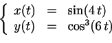 \begin{displaymath}
\left\{
\begin{array}{lcl}
x(t)&=& \sin(4\,t)\\
y(t)&=& \cos^3(6\,t)
\end{array}\right.
\end{displaymath}