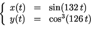 \begin{displaymath}
\left\{
\begin{array}{lcl}
x(t)&=& \sin(132\,t)\\
y(t)&=& \cos^3(126\,t)
\end{array}\right.
\end{displaymath}